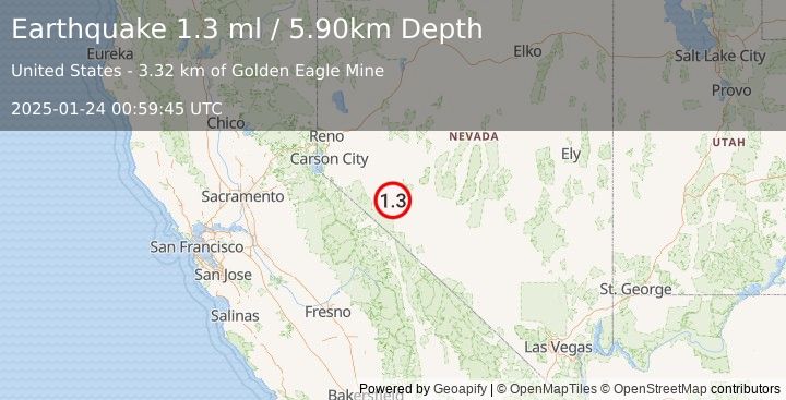 Earthquake 13 km E of Hawthorne, Nevada (1.3 ml) (2025-01-24 00:59:45 UTC)