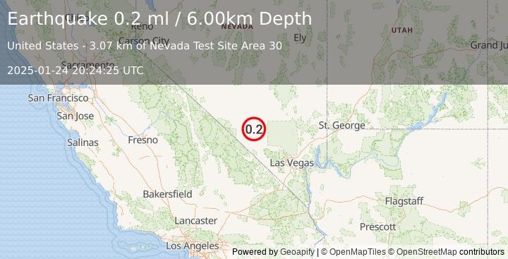 Earthquake 39 km ENE of Beatty, Nevada (0.2 ml) (2025-01-24 20:24:25 UTC)