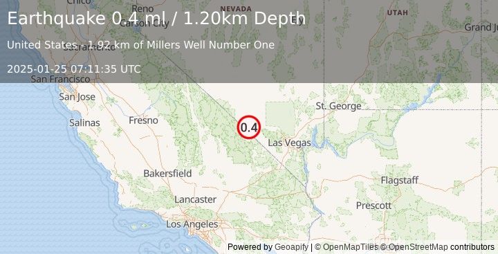 Earthquake 39 km ENE of Furnace Creek, California (0.4 ml) (2025-01-25 07:11:35 UTC)