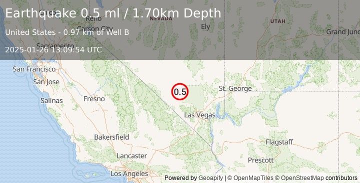 Earthquake 55 km NNW of Indian Springs, Nevada (0.5 ml) (2025-01-26 13:09:54 UTC)