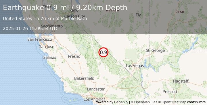 Earthquake 61 km NNE of Keeler, California (0.9 ml) (2025-01-26 15:09:54 UTC)