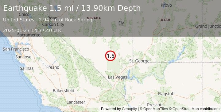 Earthquake 30 km SSE of Rachel, Nevada (1.5 ml) (2025-01-27 14:37:40 UTC)