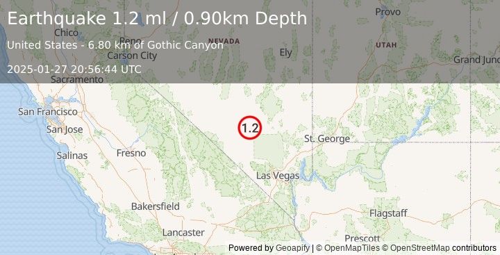 Earthquake 38 km SW of Rachel, Nevada (1.2 ml) (2025-01-27 20:56:44 UTC)