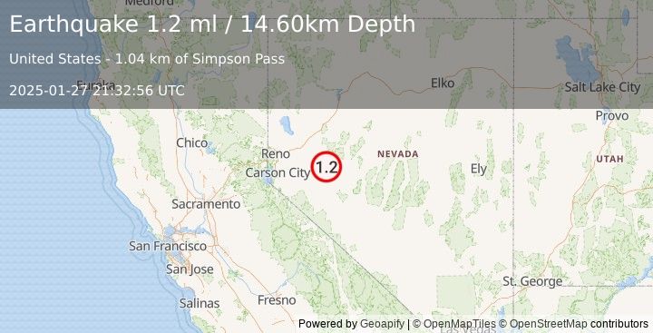 Earthquake 19 km SE of Fallon Station, Nevada (1.2 ml) (2025-01-27 21:32:56 UTC)