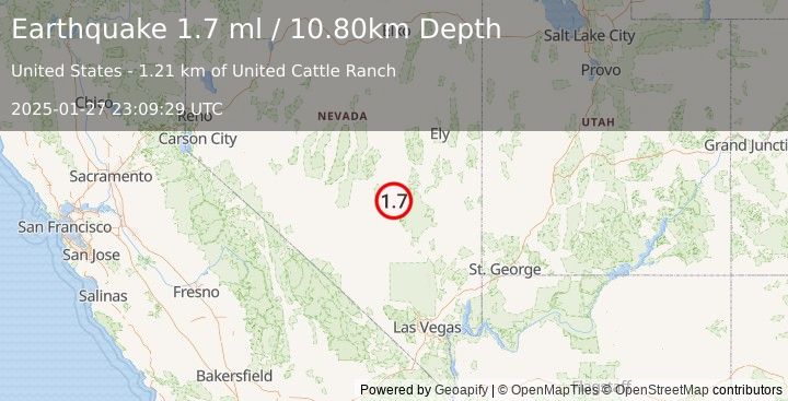 Earthquake 61 km N of Rachel, Nevada (1.7 ml) (2025-01-27 23:09:29 UTC)