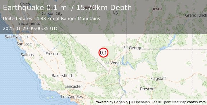 Earthquake 29 km NNW of Indian Springs, Nevada (0.1 ml) (2025-01-29 09:00:35 UTC)