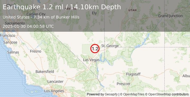 Earthquake 33 km NW of Moapa Town, Nevada (1.2 ml) (2025-01-30 04:00:58 UTC)