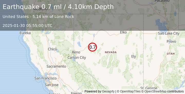 Earthquake 35 km S of Lovelock, Nevada (0.7 ml) (2025-01-30 05:55:00 UTC)