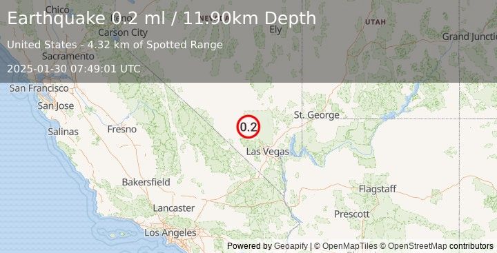 Earthquake 26 km NNW of Indian Springs, Nevada (0.2 ml) (2025-01-30 07:49:01 UTC)