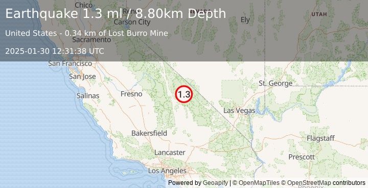 Earthquake 41 km NE of Keeler, California (1.3 ml) (2025-01-30 12:31:38 UTC)