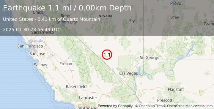 Earthquake 40 km N of Beatty, Nevada (1.1 ml) (2025-01-30 23:56:49 UTC)