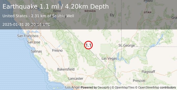 Earthquake 31 km NW of Beatty, Nevada (1.1 ml) (2025-01-31 20:20:16 UTC)