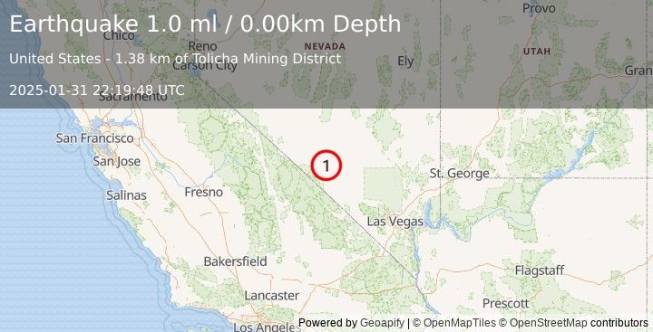 Earthquake 36 km N of Beatty, Nevada (1.0 ml) (2025-01-31 22:19:48 UTC)