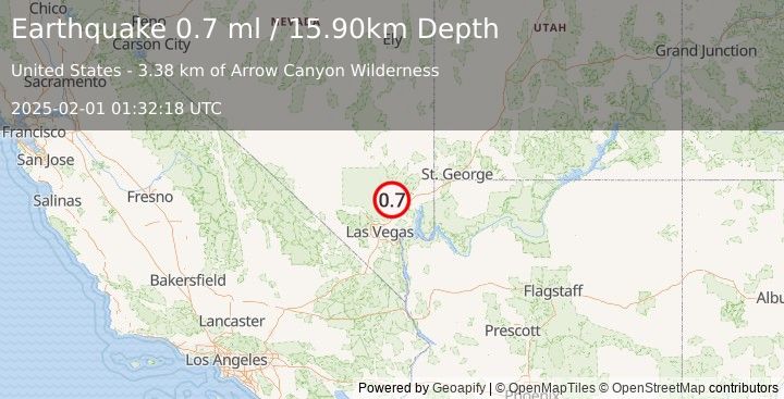 Earthquake 27 km W of Moapa Town, Nevada (0.7 ml) (2025-02-01 01:32:18 UTC)