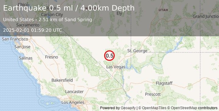 Earthquake 28 km NNE of Indian Springs, Nevada (0.5 ml) (2025-02-01 01:59:20 UTC)