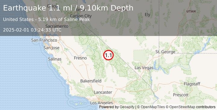 Earthquake 43 km ENE of Independence, California (1.1 ml) (2025-02-01 03:24:33 UTC)