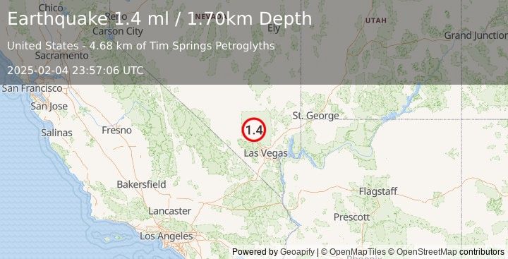 Earthquake 24 km NE of Indian Springs, Nevada (1.4 ml) (2025-02-04 23:57:06 UTC)