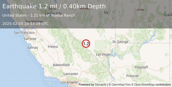 Earthquake 6 km NNE of Beatty, Nevada (1.2 ml) (2025-02-05 20:53:29 UTC)