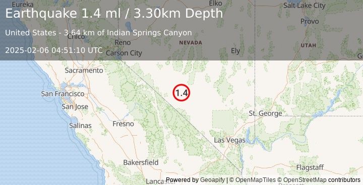 Earthquake 11 km N of Goldfield, Nevada (1.4 ml) (2025-02-06 04:51:10 UTC)