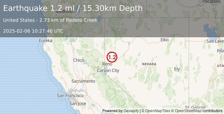 Earthquake 12 km ESE of Sutcliffe, Nevada (1.2 ml) (2025-02-06 10:27:46 UTC)