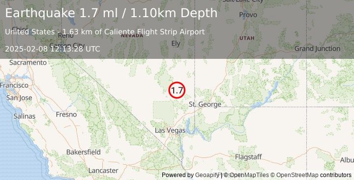 Earthquake 28 km W of Caliente, Nevada (1.7 ml) (2025-02-08 12:13:28 UTC)