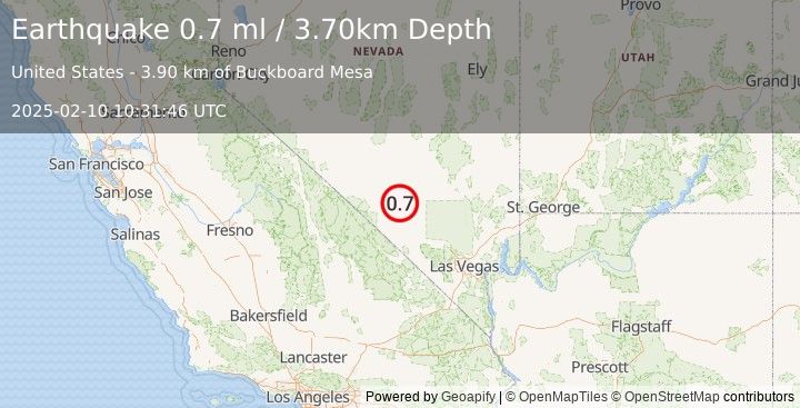 Earthquake 40 km NE of Beatty, Nevada (0.7 ml) (2025-02-10 10:31:46 UTC)