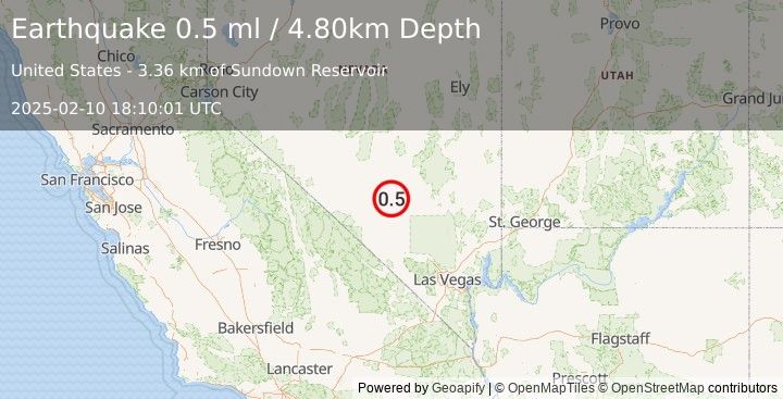 Earthquake 51 km WSW of Rachel, Nevada (0.5 ml) (2025-02-10 18:10:01 UTC)