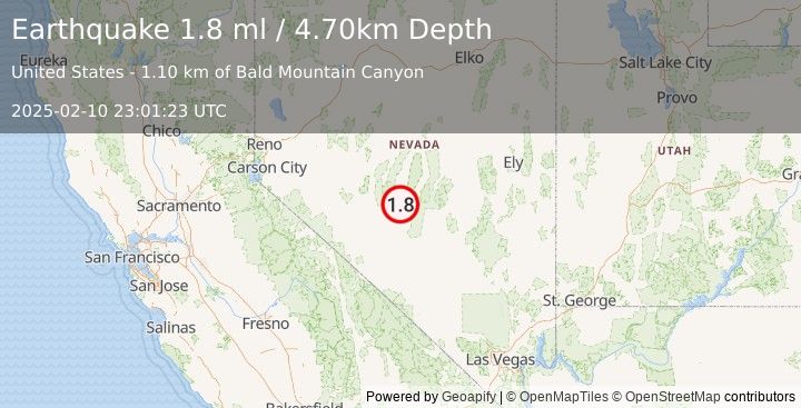 Earthquake 60 km N of Tonopah, Nevada (1.8 ml) (2025-02-10 23:01:23 UTC)