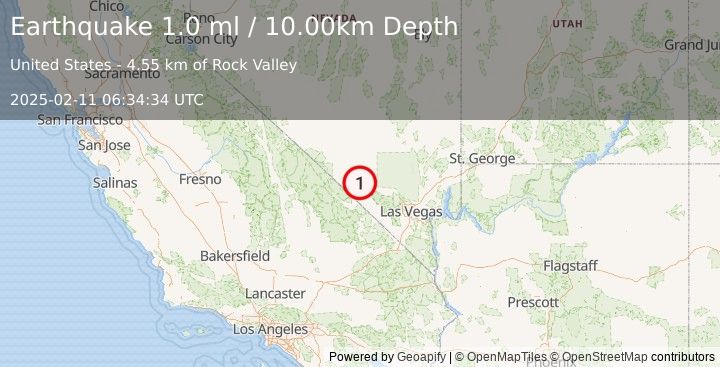 Earthquake 51 km ESE of Beatty, Nevada (1.0 ml) (2025-02-11 06:34:34 UTC)