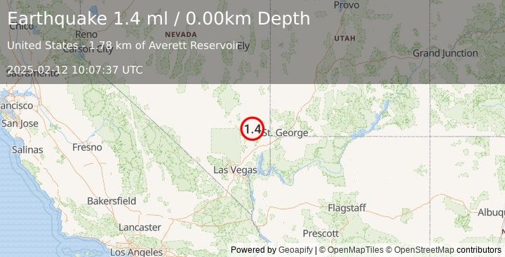 Earthquake 46 km S of Caliente, Nevada (1.4 ml) (2025-02-12 10:07:37 UTC)