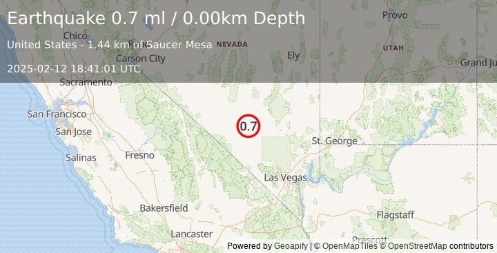 Earthquake 55 km WSW of Rachel, Nevada (0.7 ml) (2025-02-12 18:41:01 UTC)