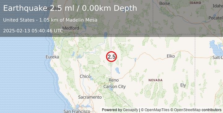 Earthquake 54 km WNW of Gerlach, Nevada (2.5 ml) (2025-02-13 05:40:46 UTC)