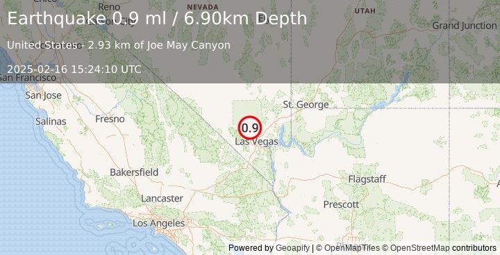 Earthquake 29 km ESE of Indian Springs, Nevada (0.9 ml) (2025-02-16 15:24:10 UTC)