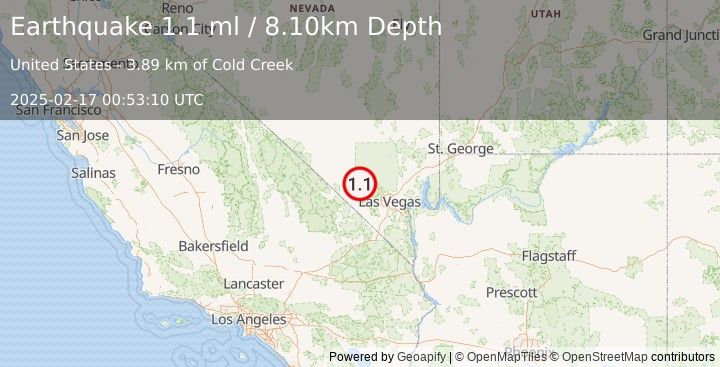 Earthquake 14 km SW of Indian Springs, Nevada (1.1 ml) (2025-02-17 00:53:10 UTC)