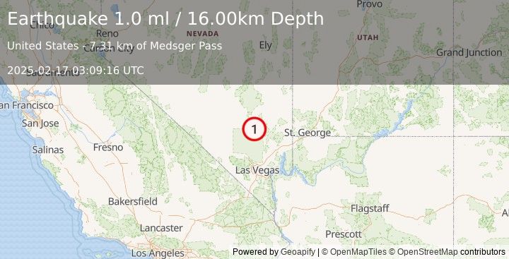 Earthquake 22 km SSW of Alamo, Nevada (1.0 ml) (2025-02-17 03:09:16 UTC)