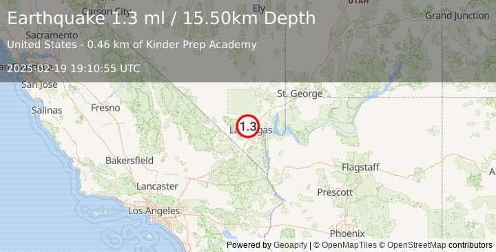 Earthquake 12 km WNW of North Las Vegas, Nevada (1.3 ml) (2025-02-19 19:10:55 UTC)