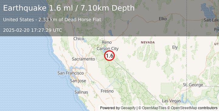 Earthquake 10 km SSE of Carter Springs, Nevada (1.6 ml) (2025-02-20 17:27:29 UTC)