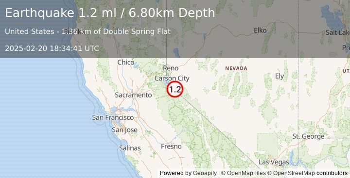 Earthquake 8 km SSE of Carter Springs, Nevada (1.2 ml) (2025-02-20 18:34:41 UTC)