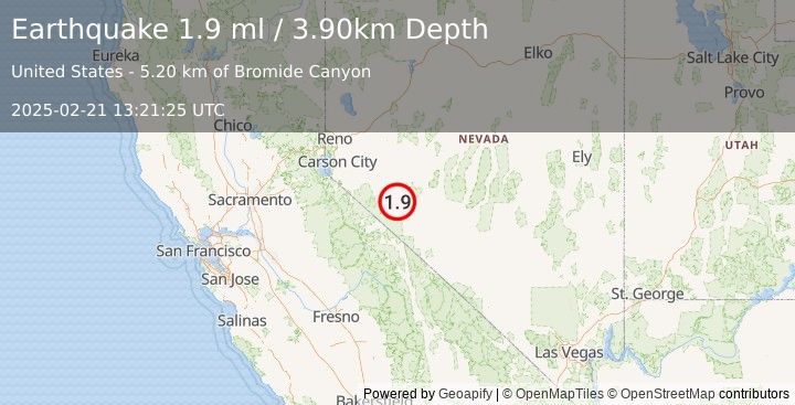 Earthquake 5 km E of Hawthorne, Nevada (1.9 ml) (2025-02-21 13:21:25 UTC)