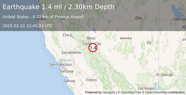 Earthquake 5 km N of Carter Springs, Nevada (1.4 ml) (2025-02-22 12:45:24 UTC)