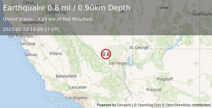 Earthquake 36 km WNW of Indian Springs, Nevada (0.8 ml) (2025-02-22 13:09:17 UTC)