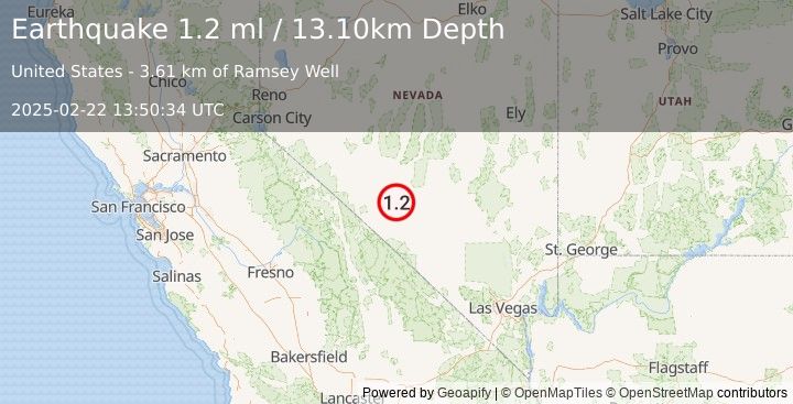 Earthquake 15 km N of Goldfield, Nevada (1.2 ml) (2025-02-22 13:50:34 UTC)