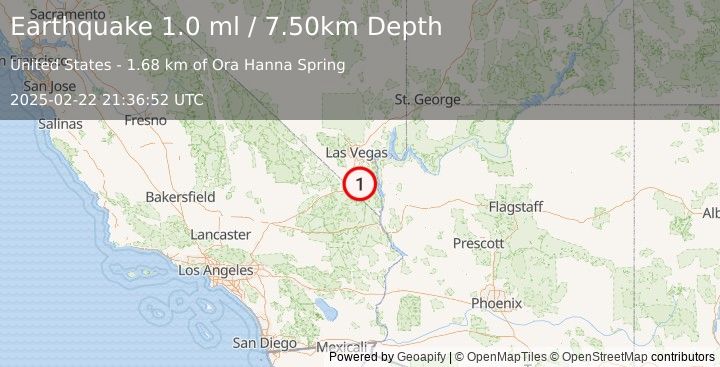 Earthquake 21 km NW of Searchlight, Nevada (1.0 ml) (2025-02-22 21:36:52 UTC)