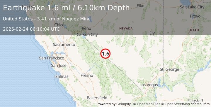 Earthquake 26 km NNE of Benton, California (1.6 ml) (2025-02-24 06:10:04 UTC)