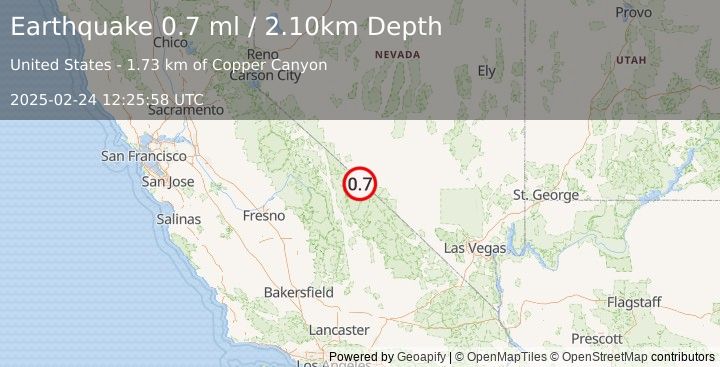 Earthquake 51 km S of Silver Peak, Nevada (0.7 ml) (2025-02-24 12:25:58 UTC)