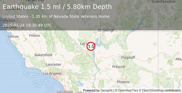 Earthquake 4 km WSW of Boulder City, Nevada (1.5 ml) (2025-02-24 19:30:49 UTC)