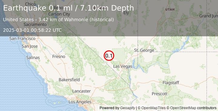 Earthquake 48 km WNW of Indian Springs, Nevada (0.1 ml) (2025-03-01 00:58:22 UTC)