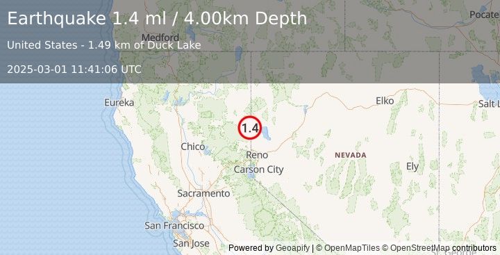 Earthquake 9 km ENE of Herlong, California (1.4 ml) (2025-03-01 11:41:06 UTC)