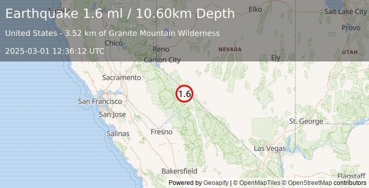 Earthquake 29 km ENE of Lee Vining, California (1.6 ml) (2025-03-01 12:36:12 UTC)