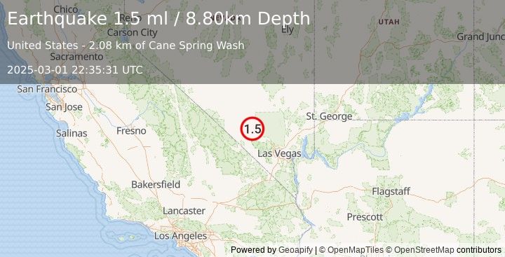 Earthquake 37 km NW of Indian Springs, Nevada (1.5 ml) (2025-03-01 22:35:31 UTC)